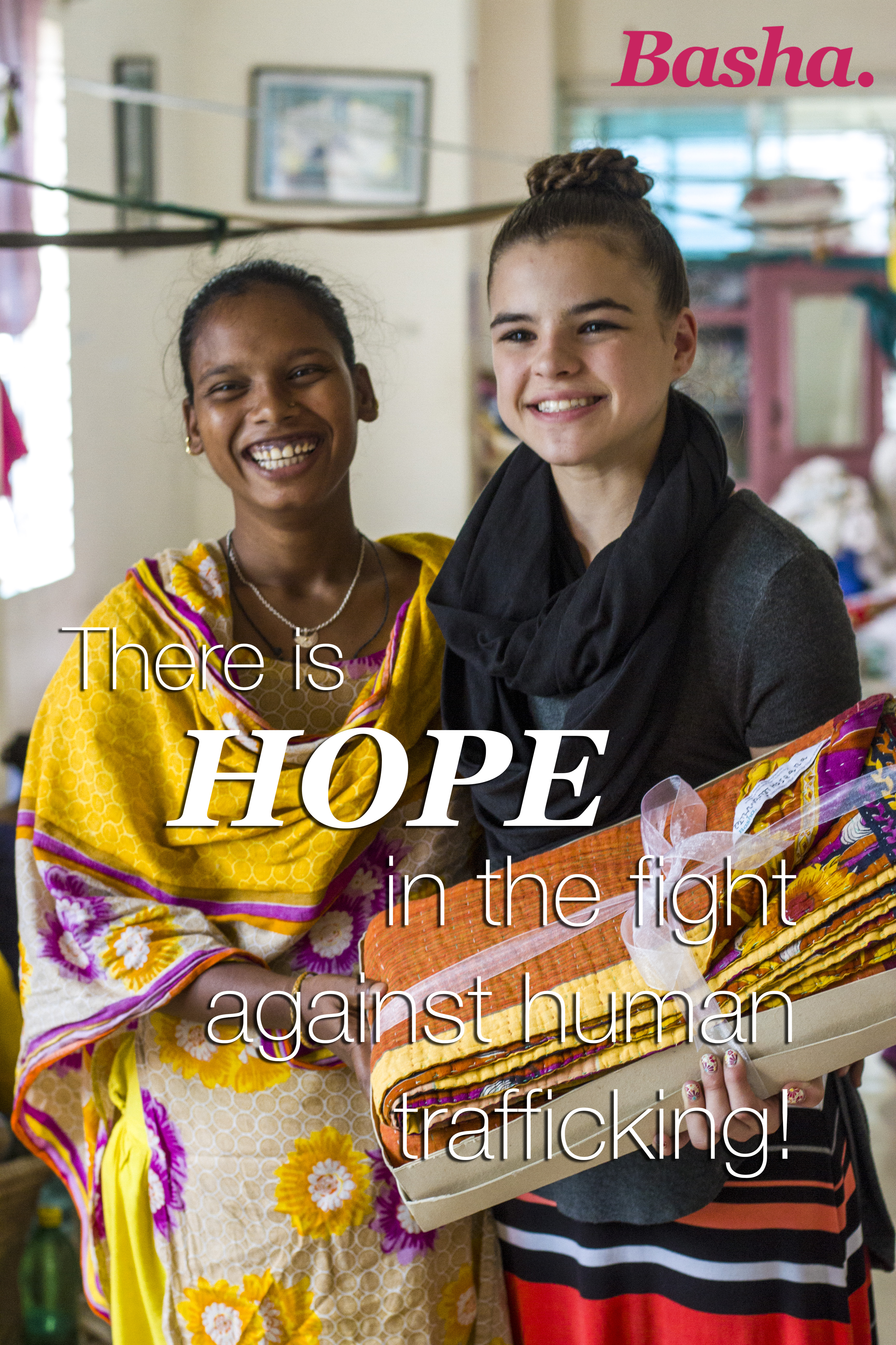 Photo of Basha artisan with customer and words There is hope in the fight against human trafficking!